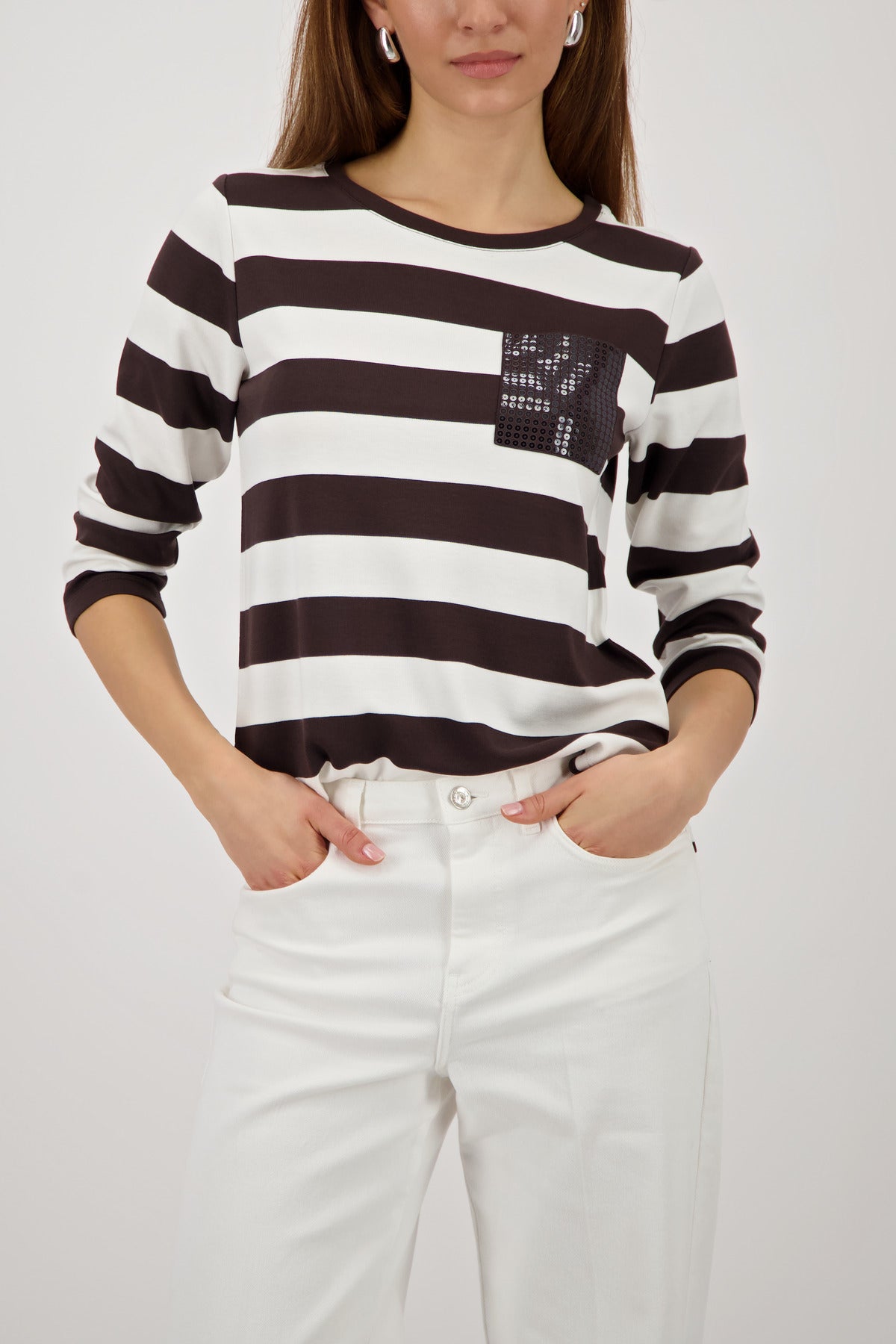 DK CHOC STRIPE ALL-OVER PRINT SWEATER