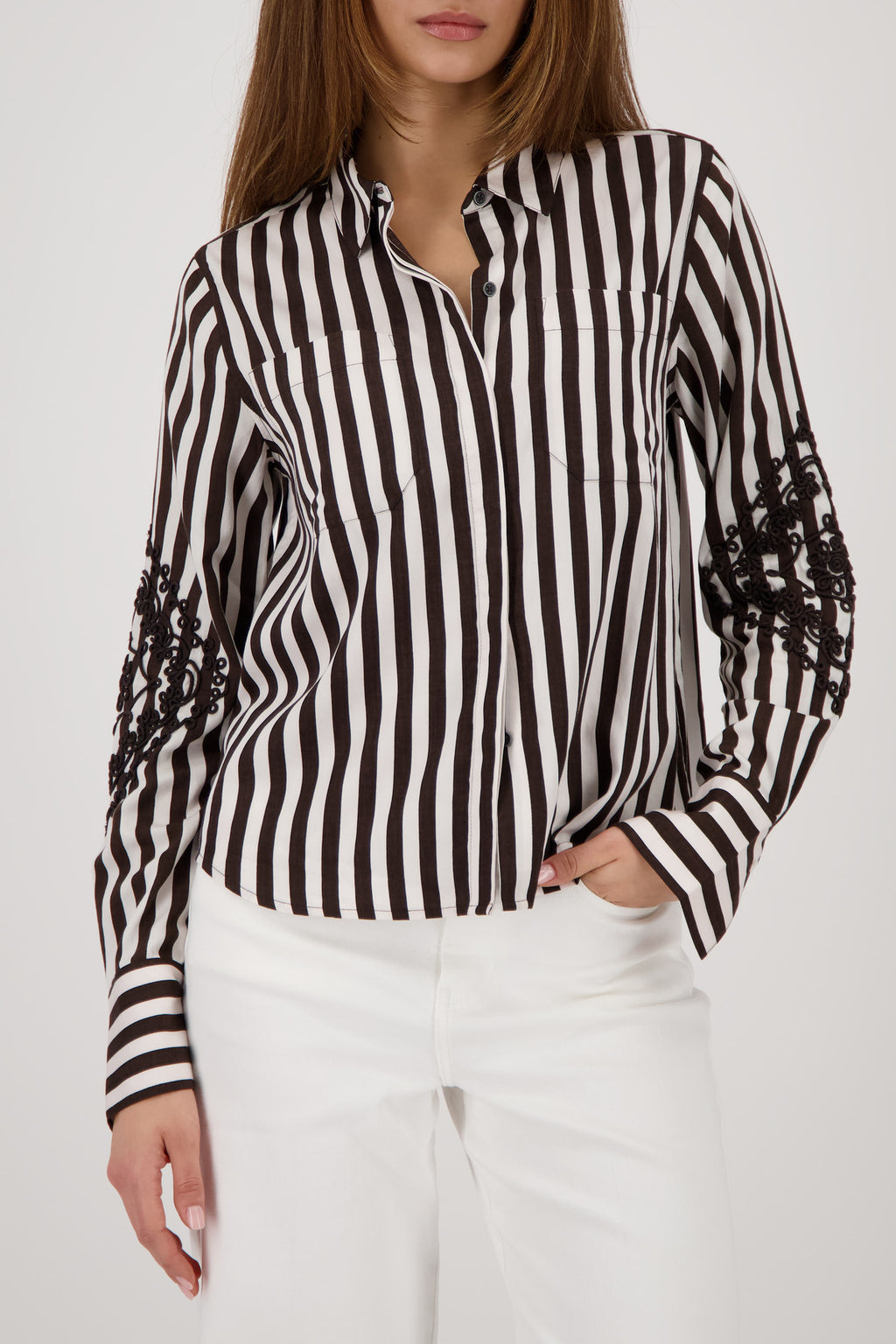 DK CHOC STRIPE ALL-OVER PRINT SWEATER