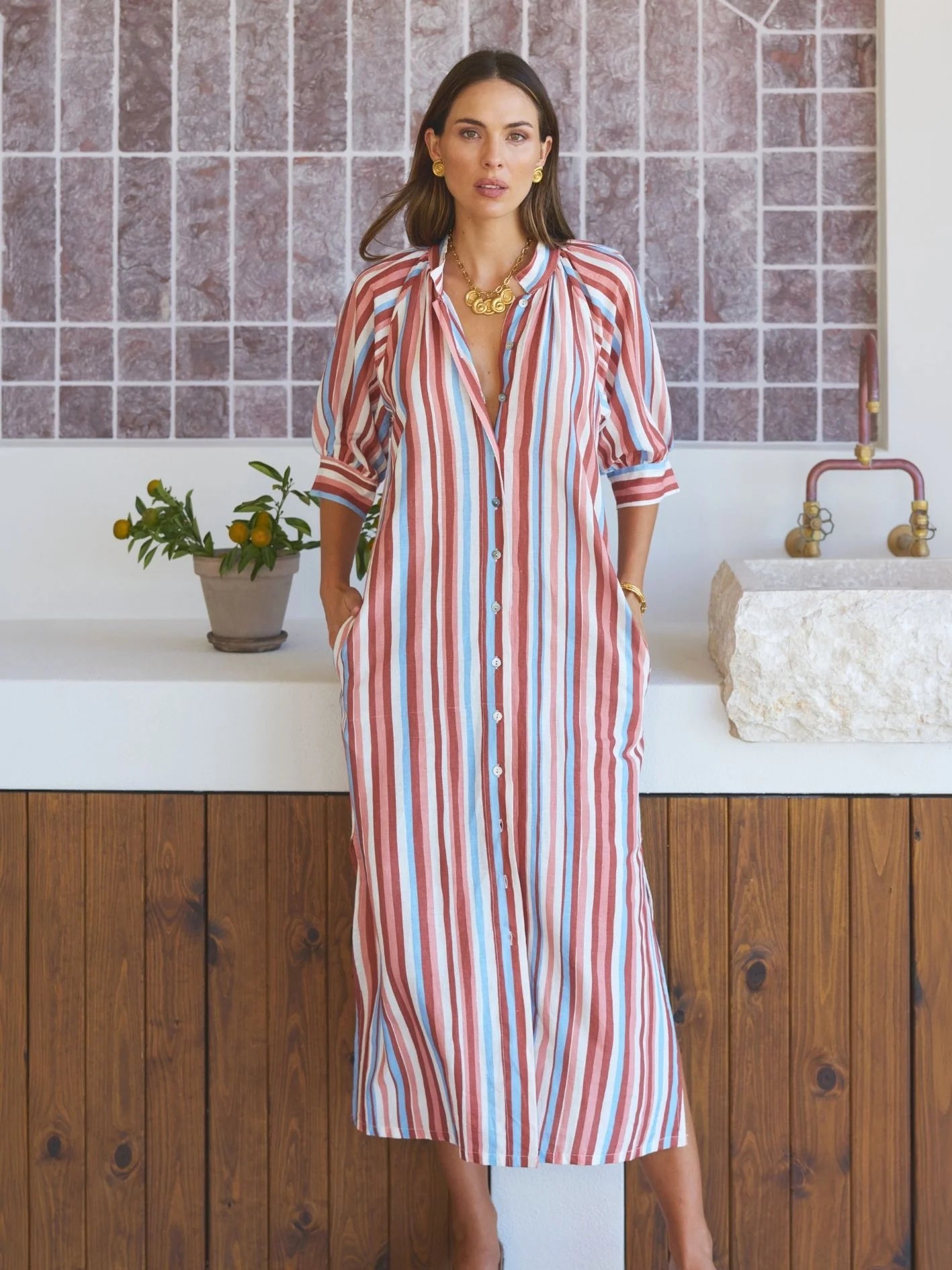 ROBE DRESS MOCHA STRIPE