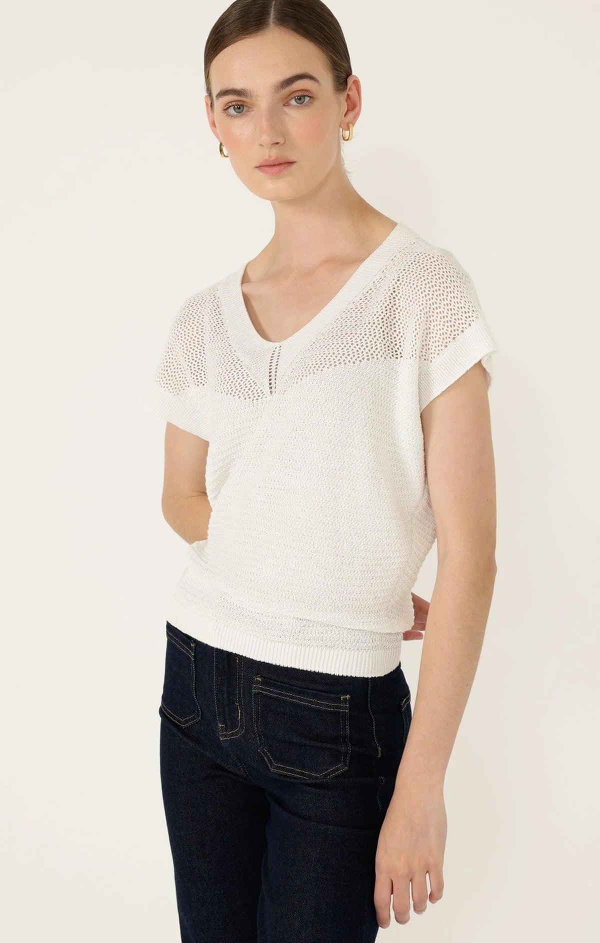 V NECK MESH KNIT TOP