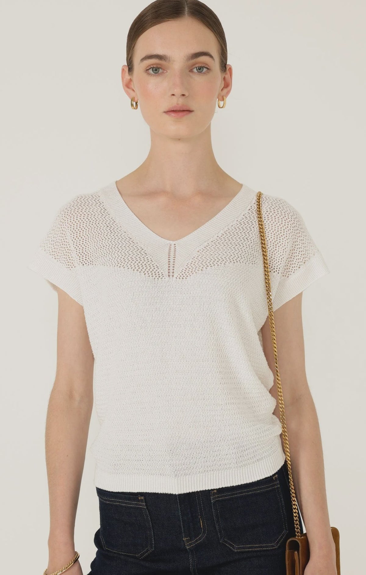 V NECK MESH KNIT TOP