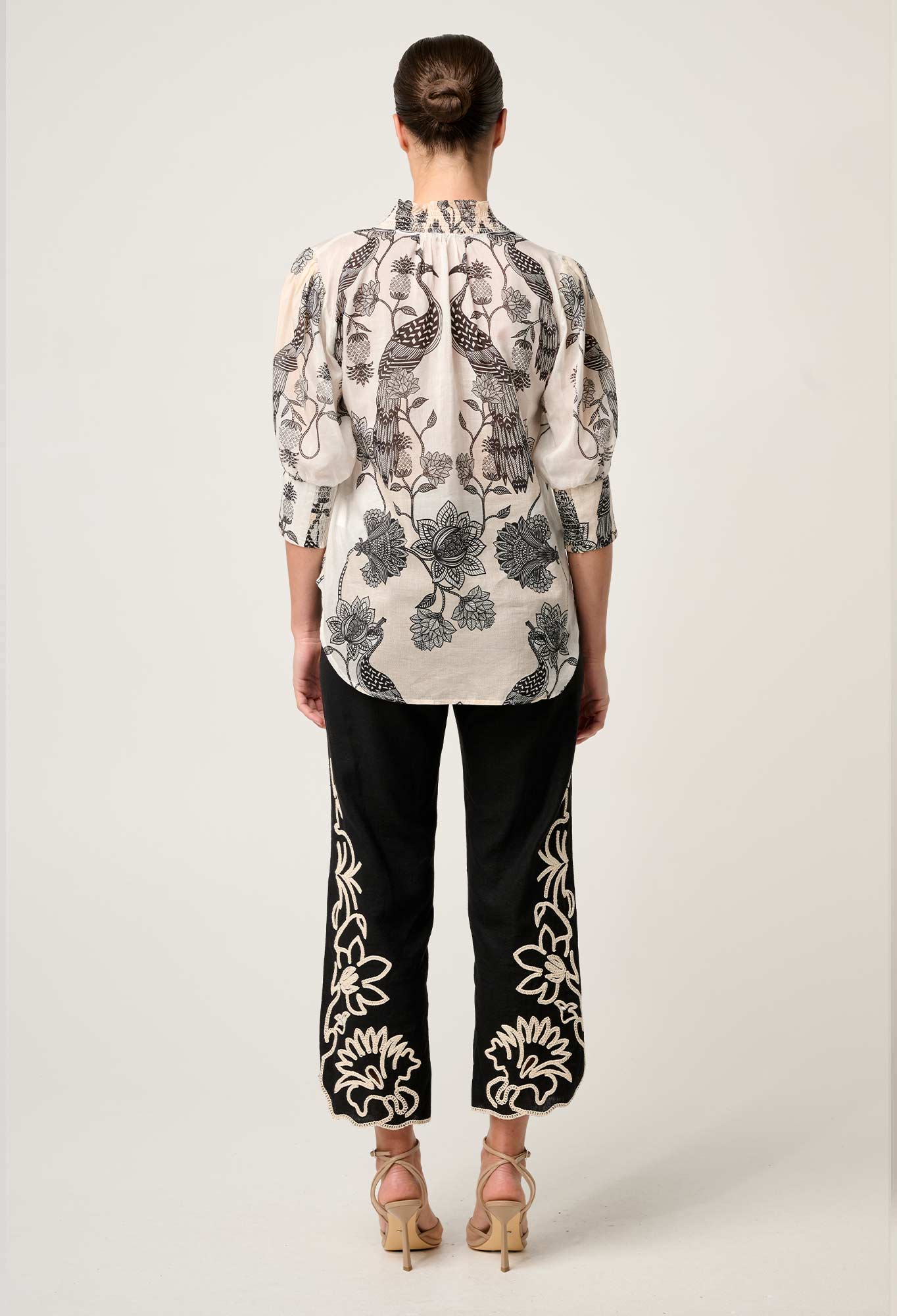 OLEANDER COTTON SILK SHIRRED COLLAR BLOUSE