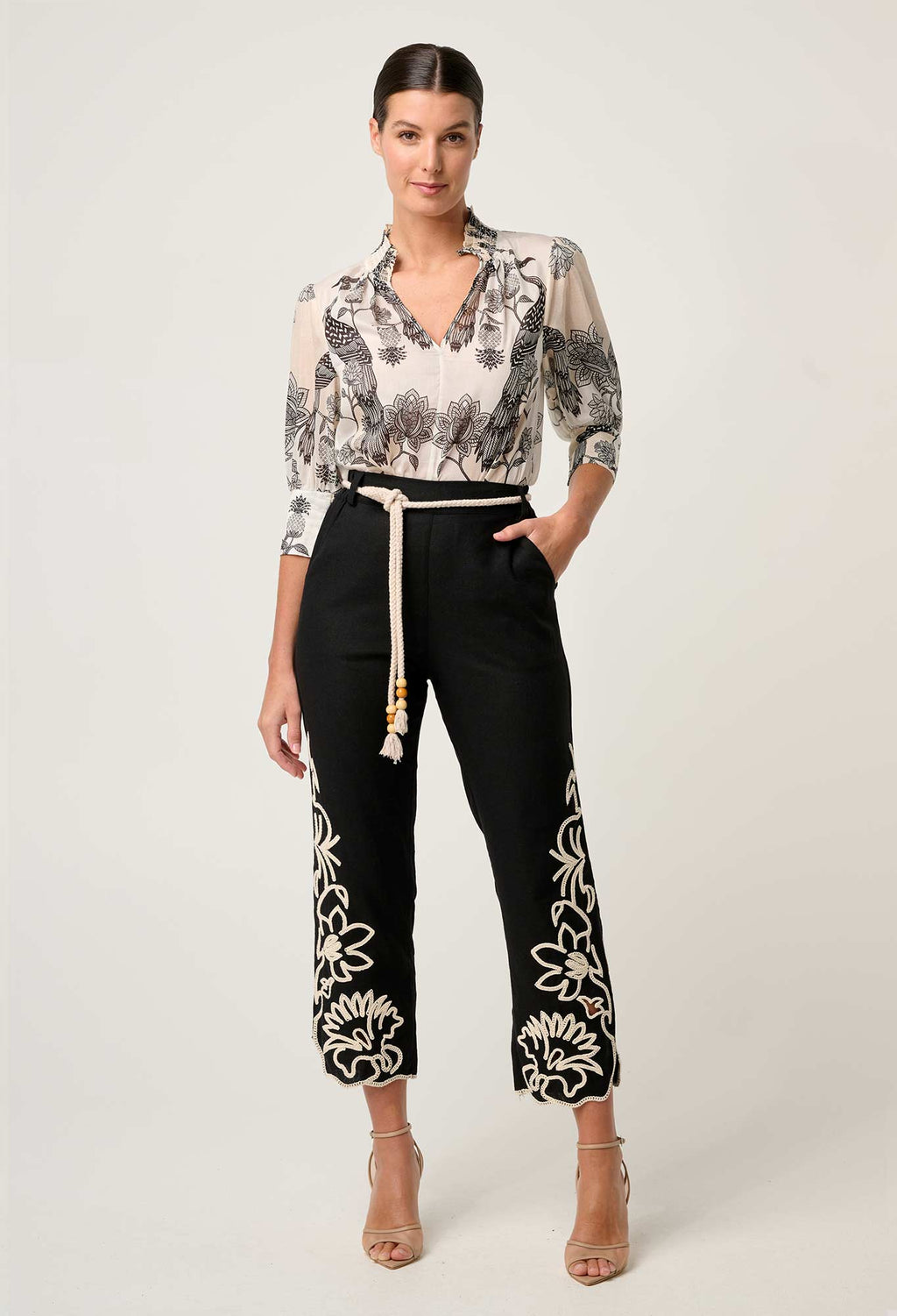 OLEANDER COTTON SILK SHIRRED COLLAR BLOUSE