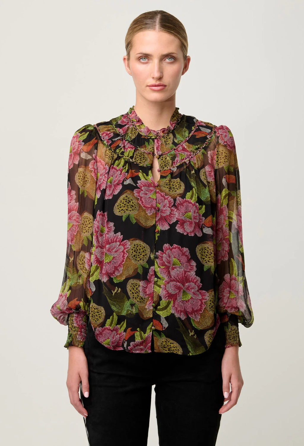 ESTRELLA BRAIDED NECK DETAIL VISCOSE CHIFFON BLOUSE