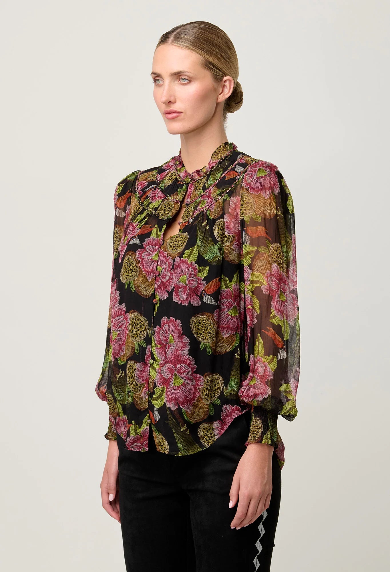 ESTRELLA BRAIDED NECK DETAIL VISCOSE CHIFFON BLOUSE