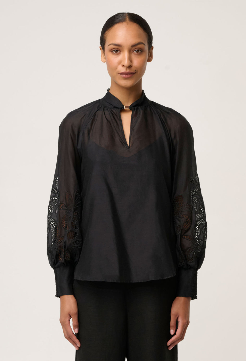 SIMONA COTTON SILK GOLD DETAIL EMB BLOUSE