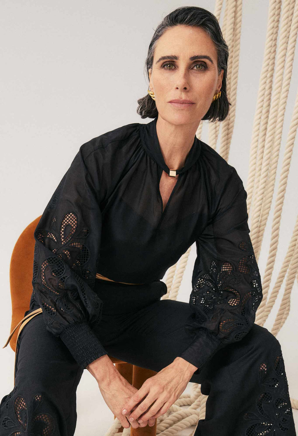 SIMONA COTTON SILK GOLD DETAIL EMB BLOUSE