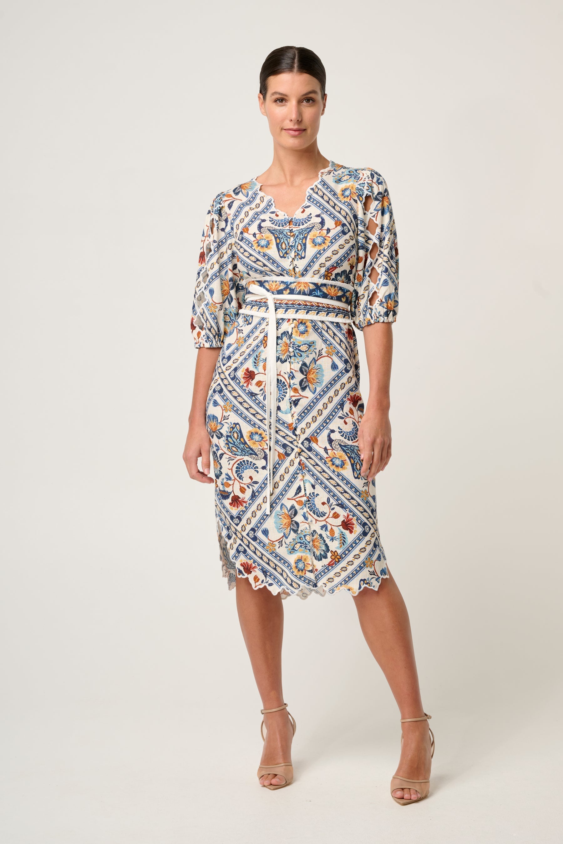 THEIA LINEN VISCOSE SCALLOP EMB DRESS