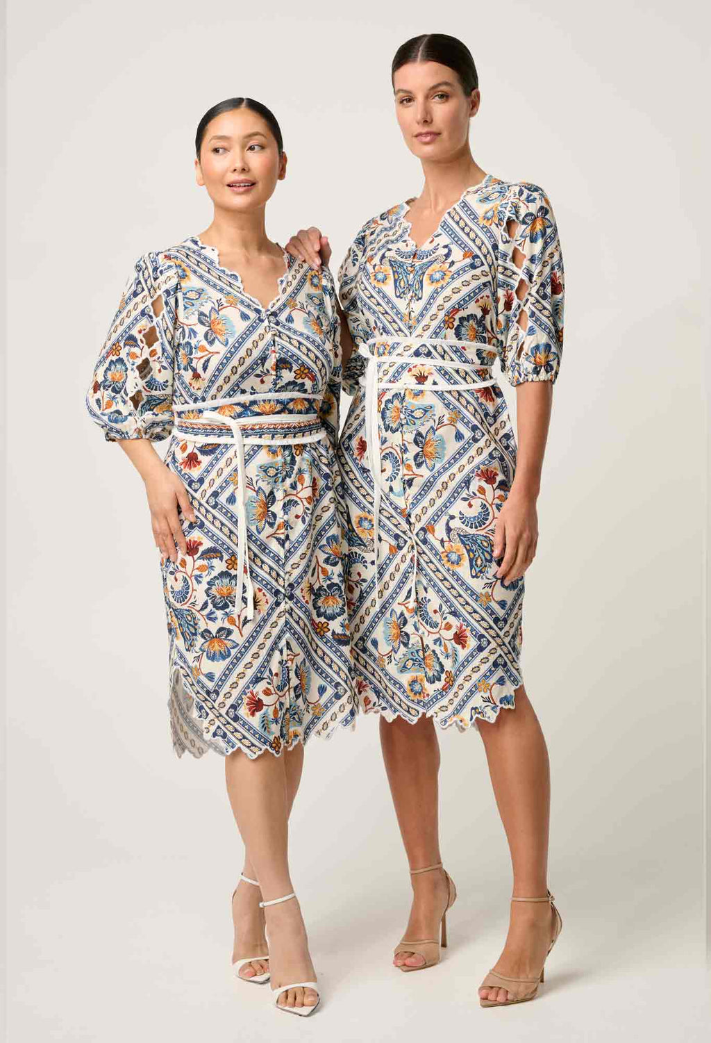 THEIA LINEN VISCOSE SCALLOP EMB DRESS