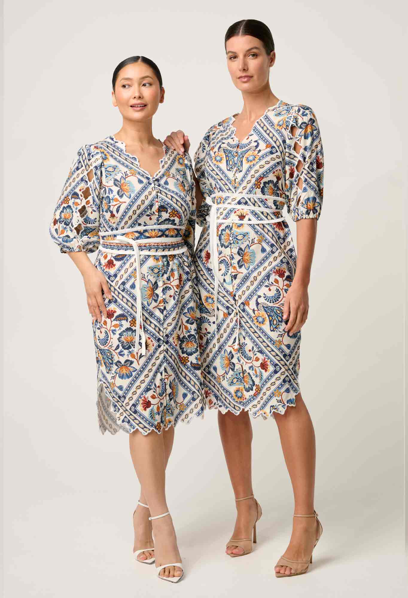 THEIA LINEN VISCOSE SCALLOP EMB DRESS