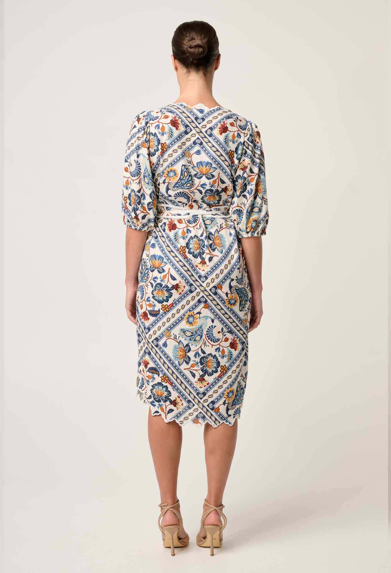 THEIA LINEN VISCOSE SCALLOP EMB DRESS