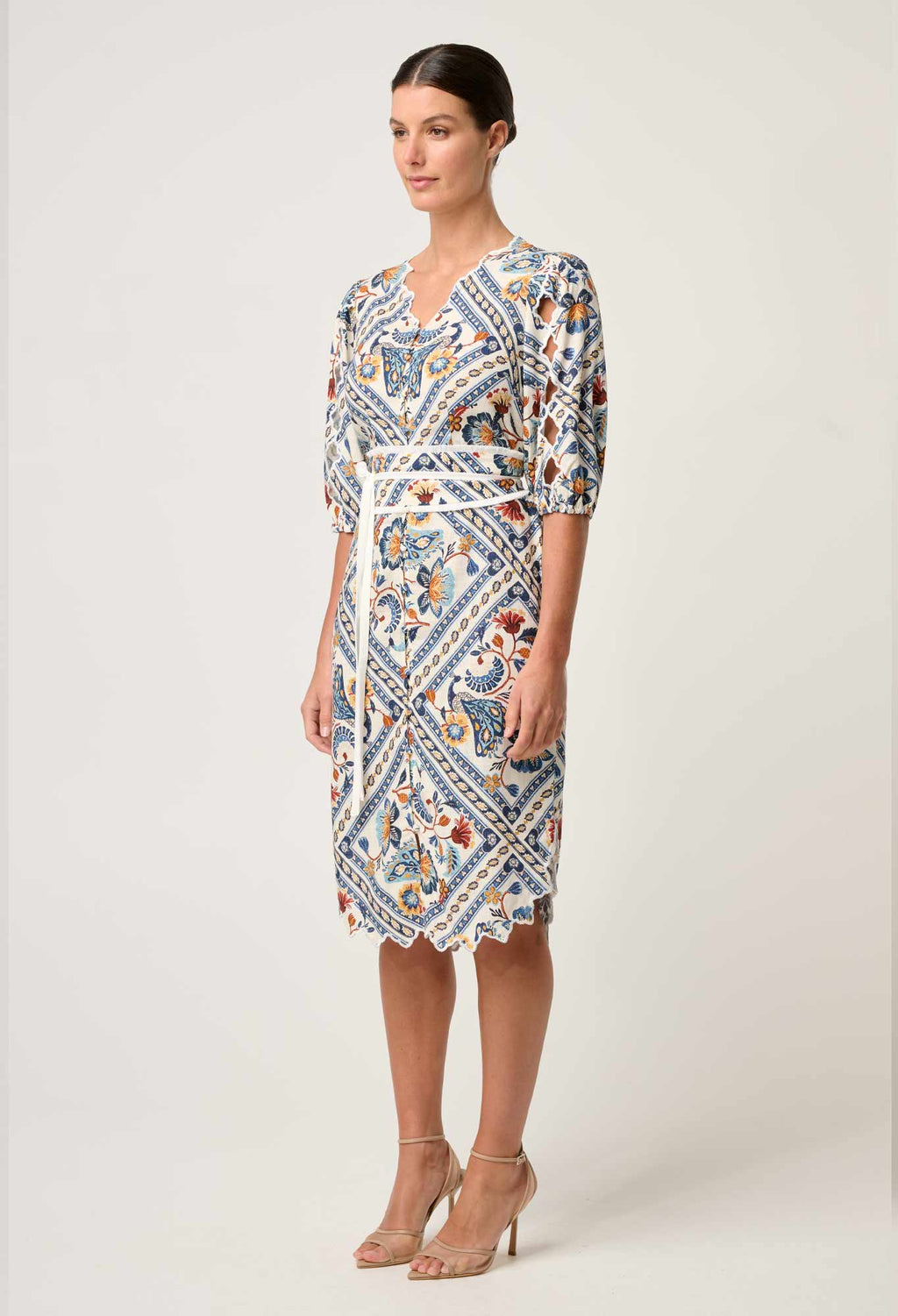 THEIA LINEN VISCOSE SCALLOP EMB DRESS