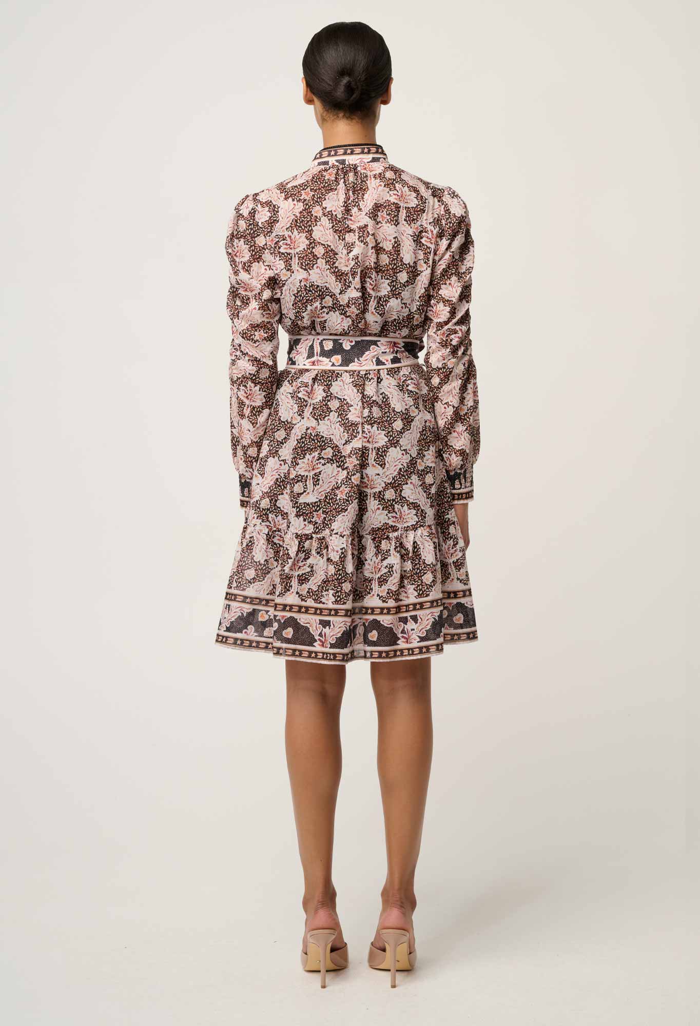 LANAE COTTON SILK PLACEMENT PRINT RUCHED SLEEVE DRESS