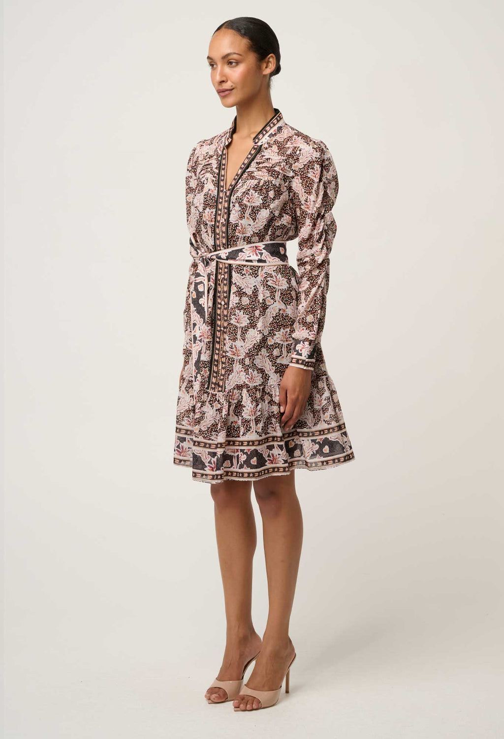LANAE COTTON SILK PLACEMENT PRINT RUCHED SLEEVE DRESS