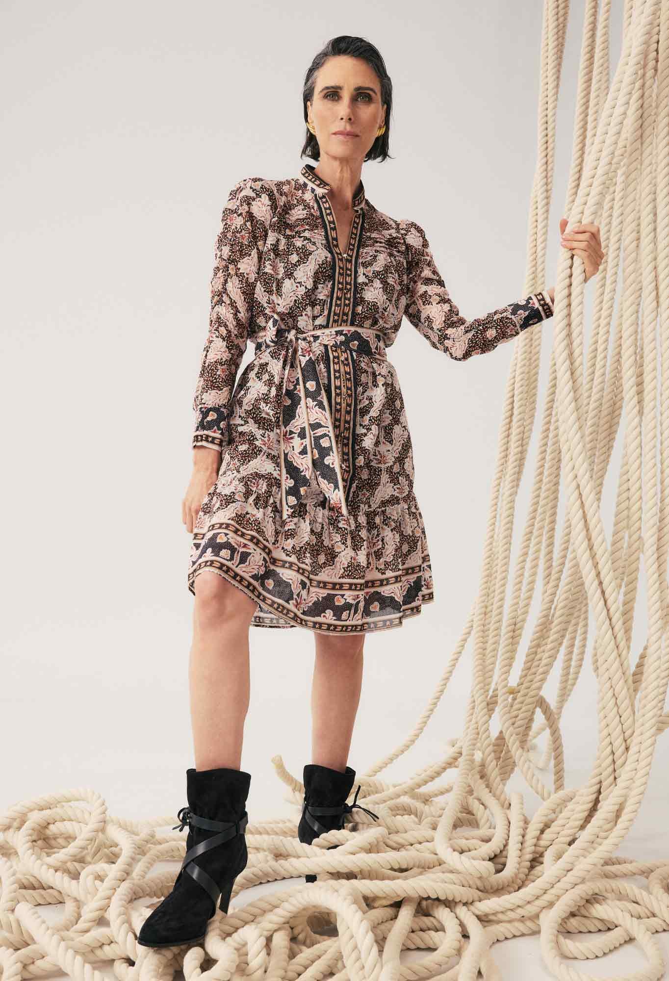 LANAE COTTON SILK PLACEMENT PRINT RUCHED SLEEVE DRESS