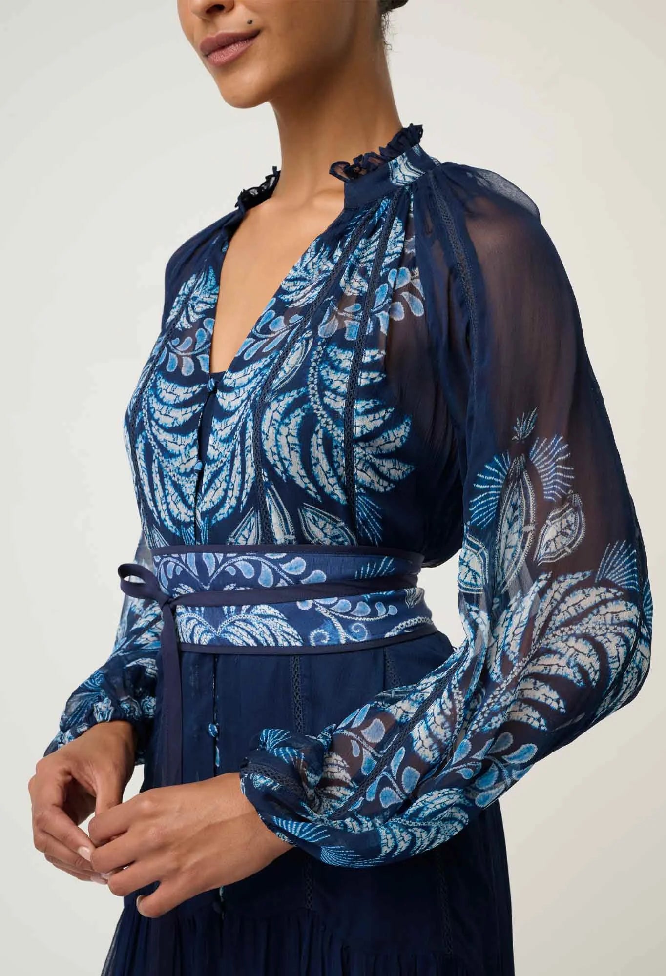 SLOANE VISCOSE CHIFFON PLACEMENT PRINT MIDI DRESS