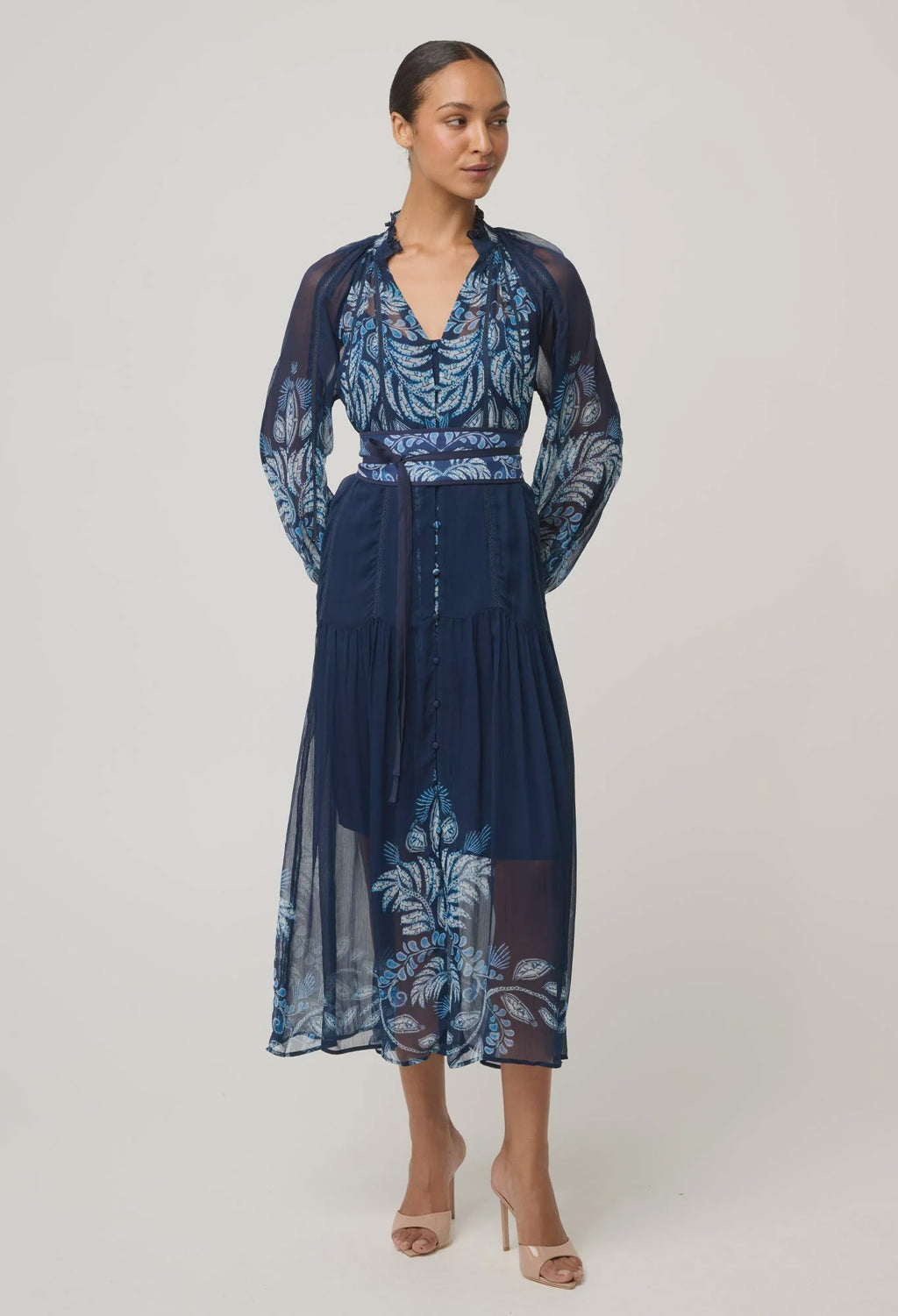 SLOANE VISCOSE CHIFFON PLACEMENT PRINT MIDI DRESS