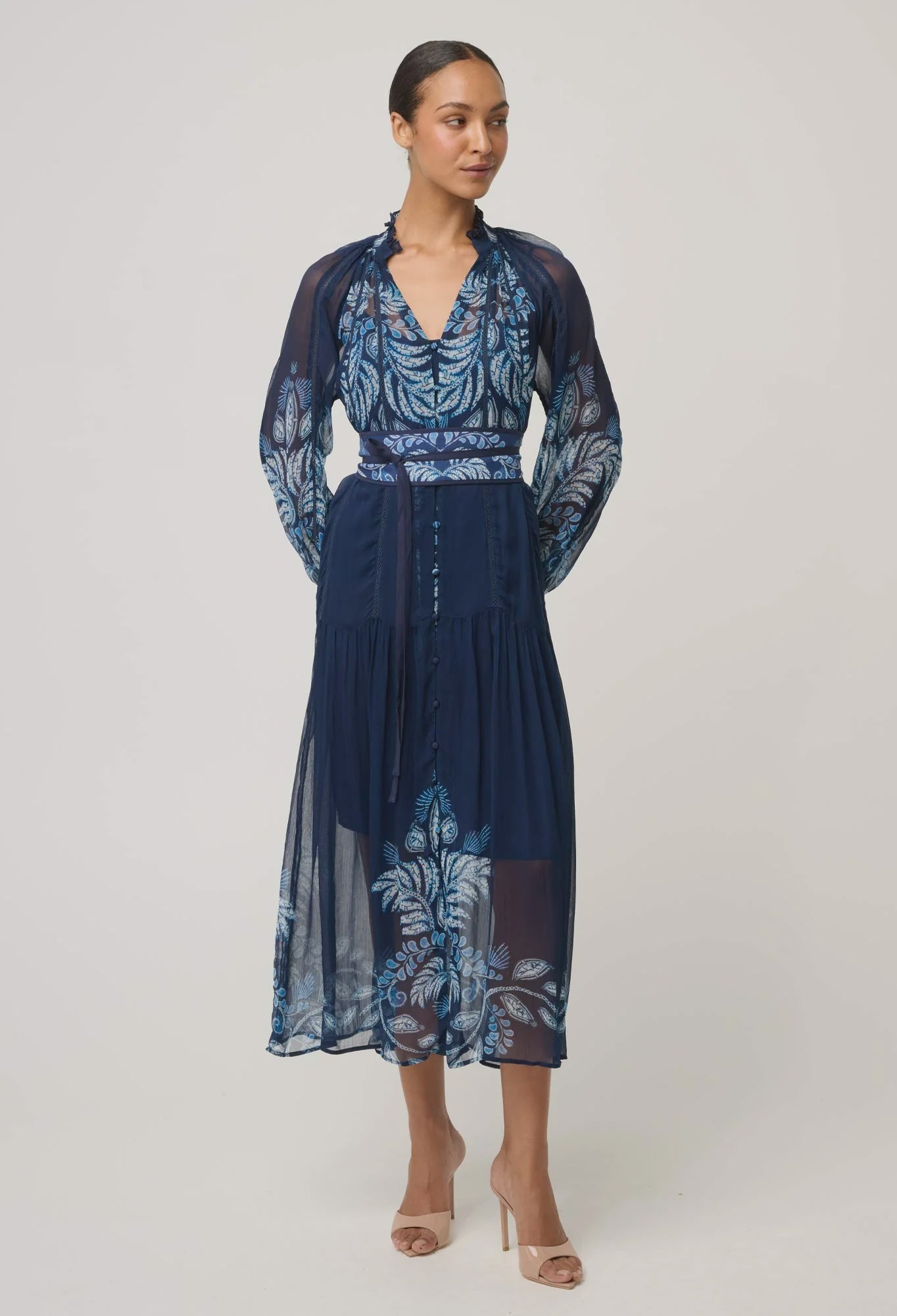 SLOANE VISCOSE CHIFFON PLACEMENT PRINT MIDI DRESS