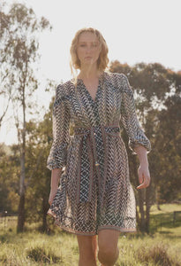 BAILEY CRINKLE COTTON SILK  CONTRAST PANEL TIE WAIST DRESS