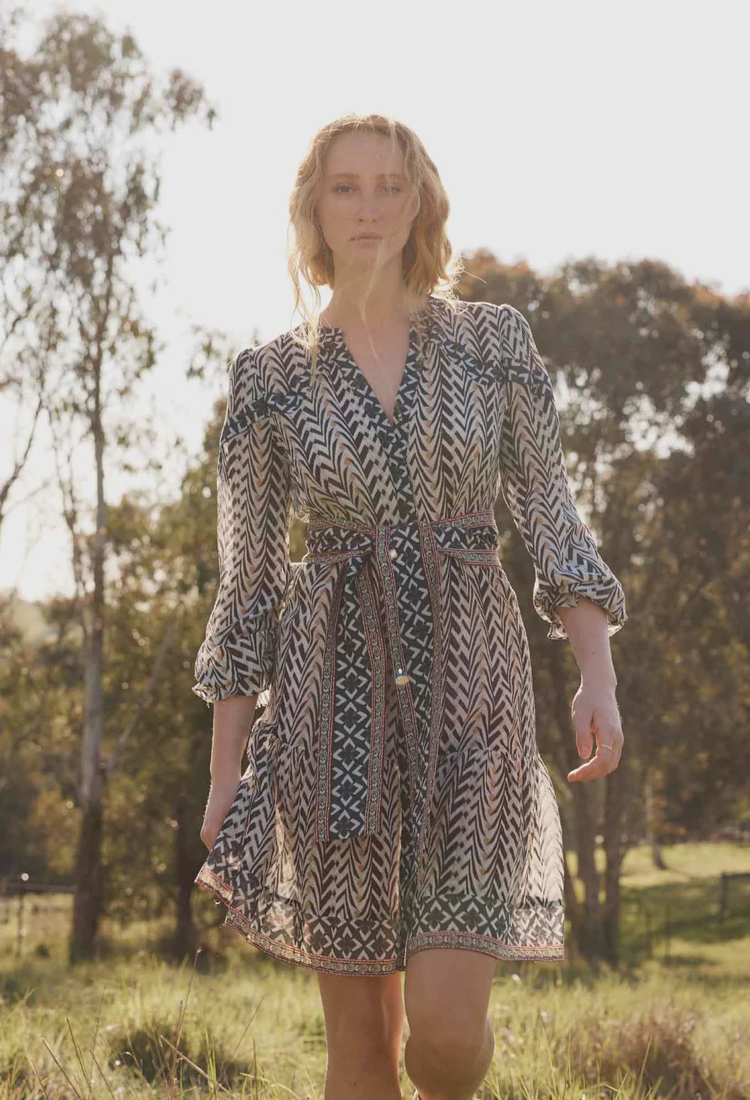 BAILEY CRINKLE COTTON SILK  CONTRAST PANEL TIE WAIST DRESS