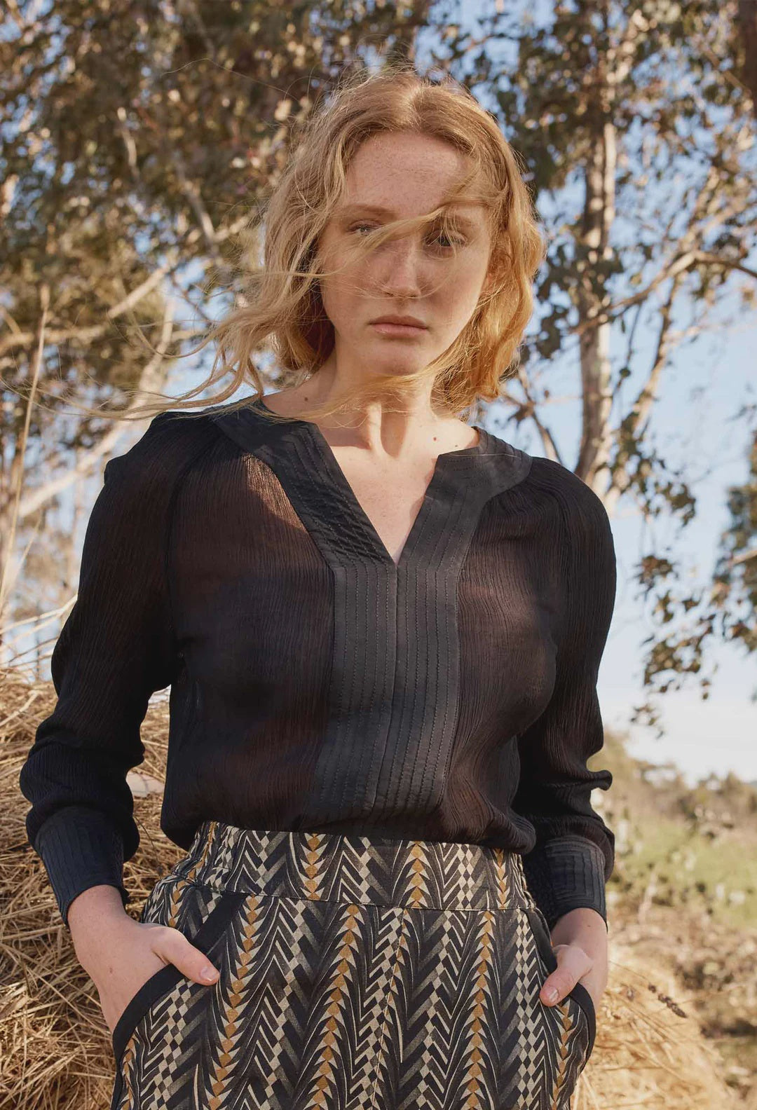 LUCENT CRINKLE COTTON SILK CONTRAST STITCH DETAIL CUFF AND NECKBAND BLOUSE